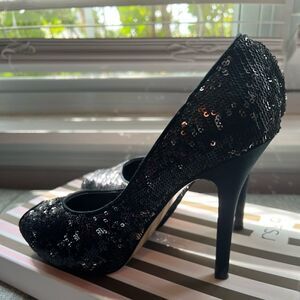 rsvp Black Sequins Peep Toe Pumps Size 6 4.5” Heel